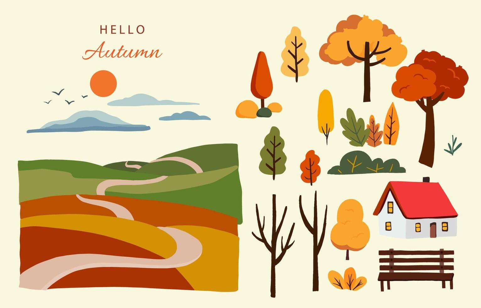 set of element object autumn season with tree and house vector