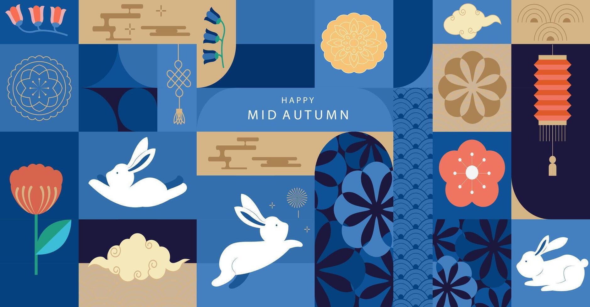 mid-autumn geometric festival background with blue box and lantern vector