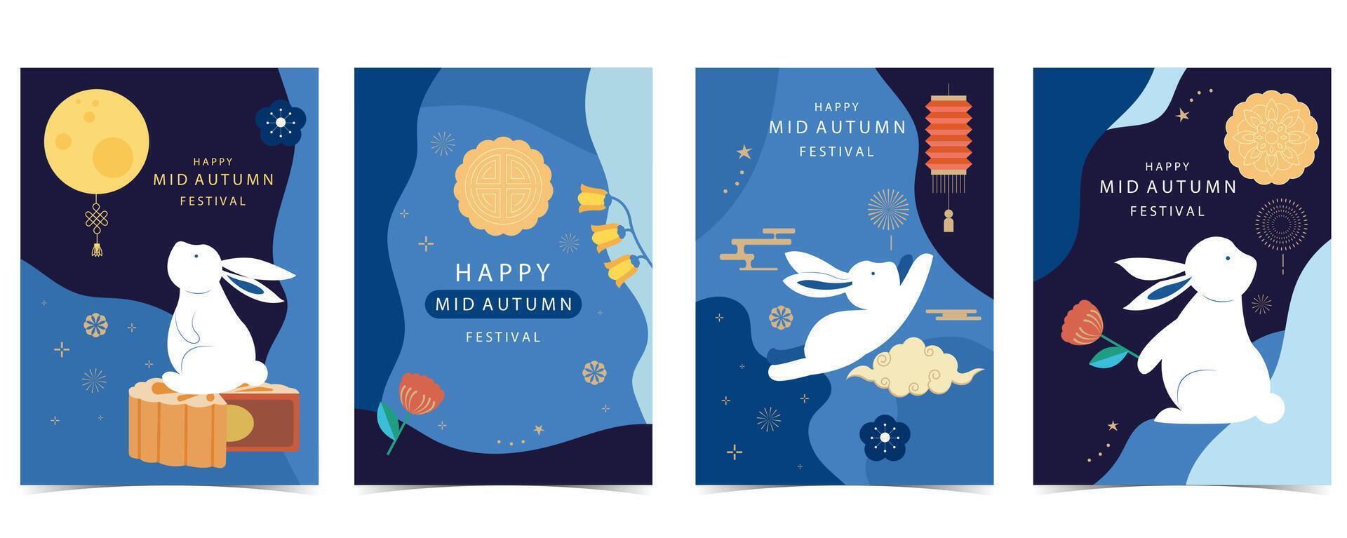 mid-autumn geometric festival background with cute white rabbit character vector