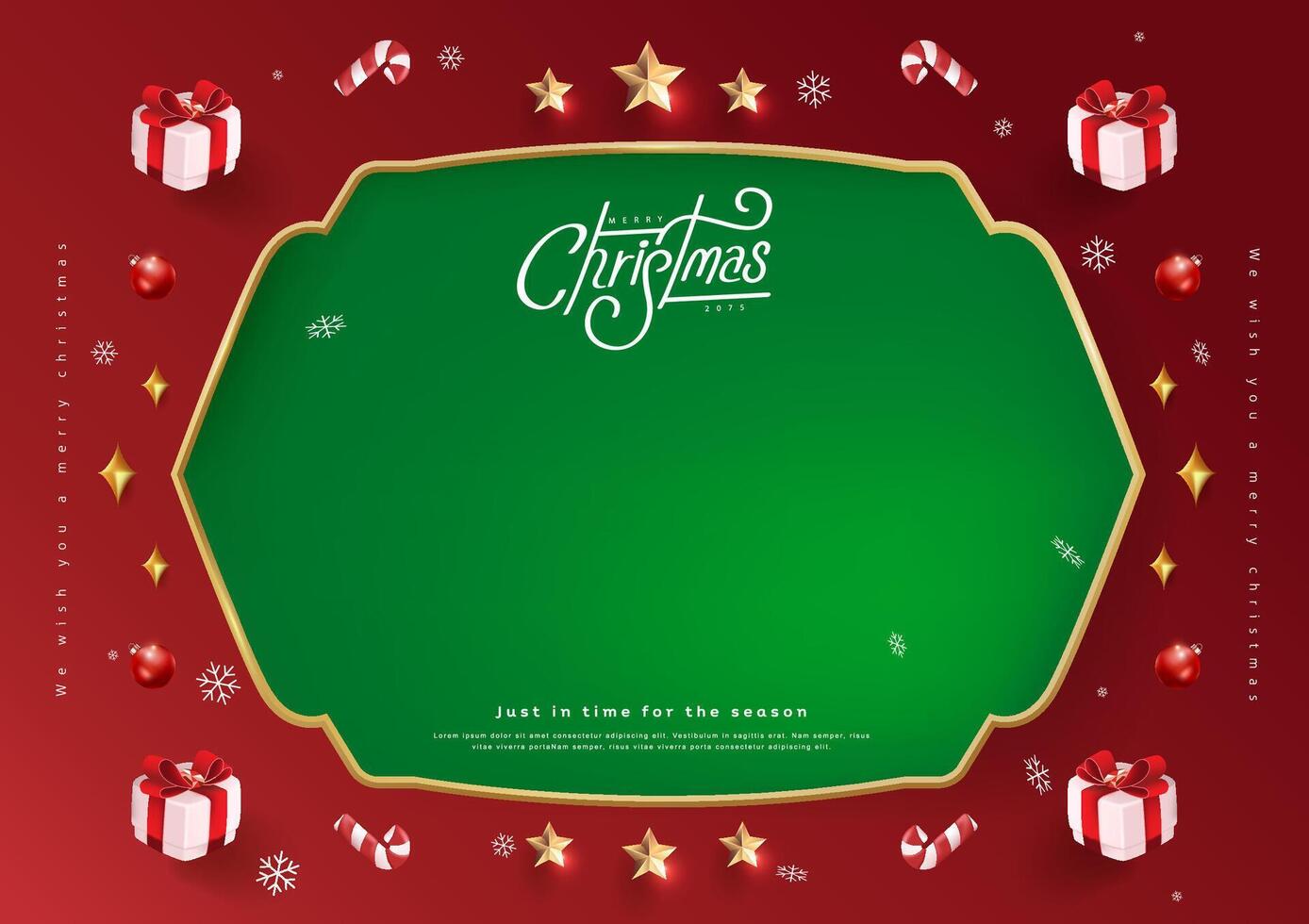 Merry Christmas sign banner frame with empty space and festive decoration on red background vector