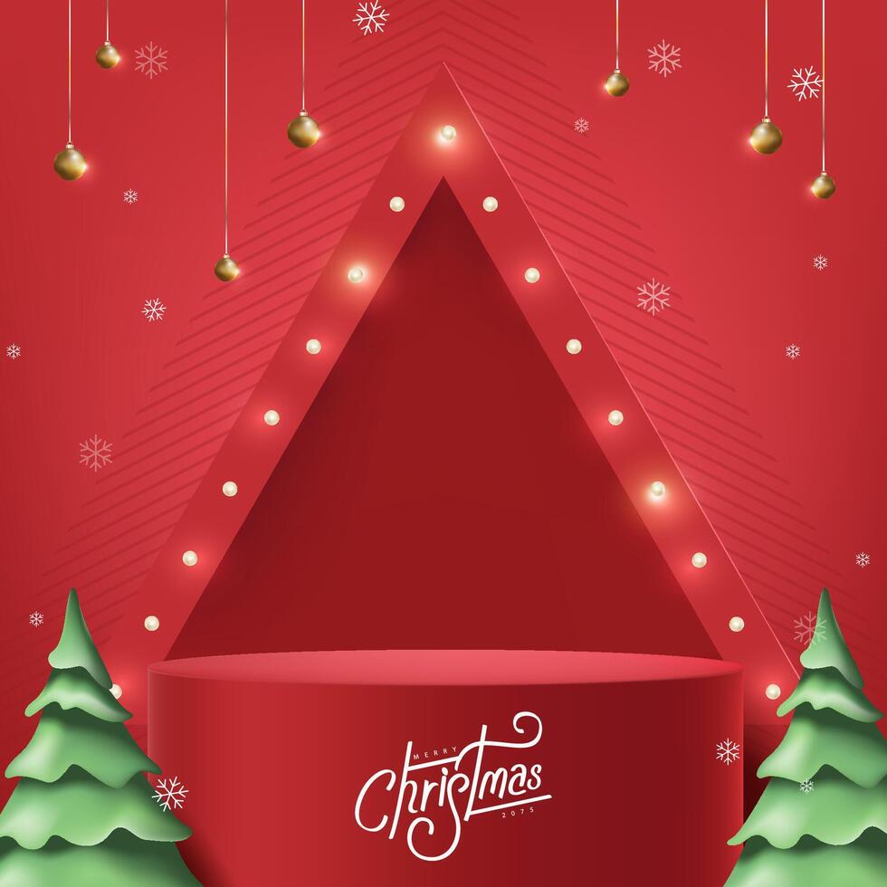 Merry Christmas banner with red product display Retro light bulbs sign background and festive decoration for christmas vector