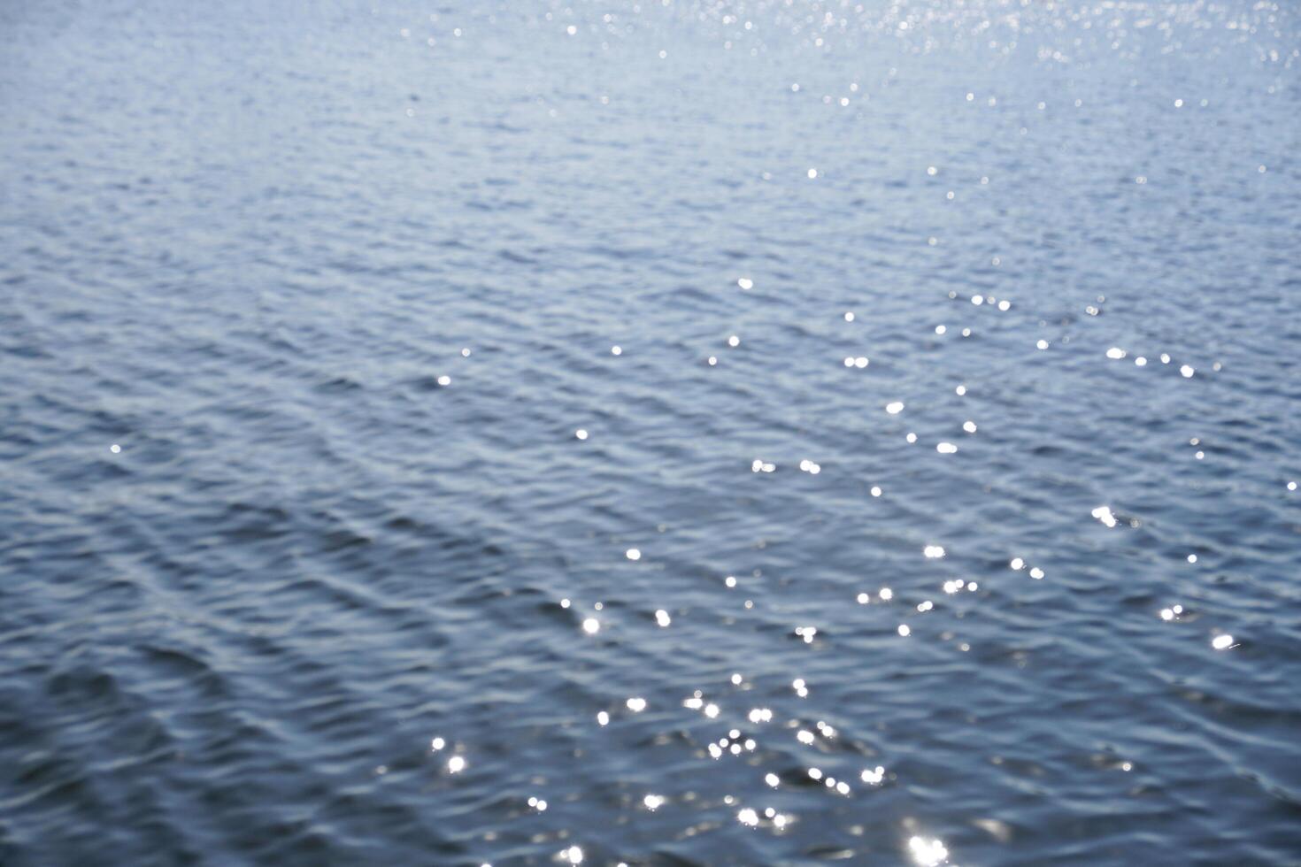 Blur and defocused effect on calm blue shiny sea water texture isolated on full frame horizontal background. photo