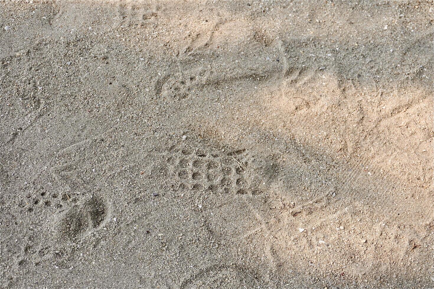Beach sand ground flooring texture with shoeprints isolated on horizontal ratio background. photo