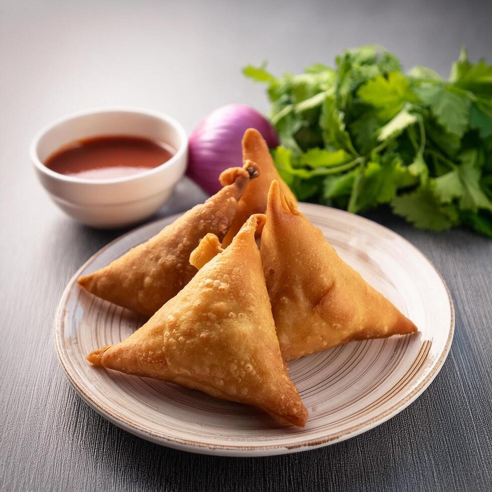 Delicious testy snacks samosa on the white plate chutney corinder leaf slice onion with side of tea isolated white background photo