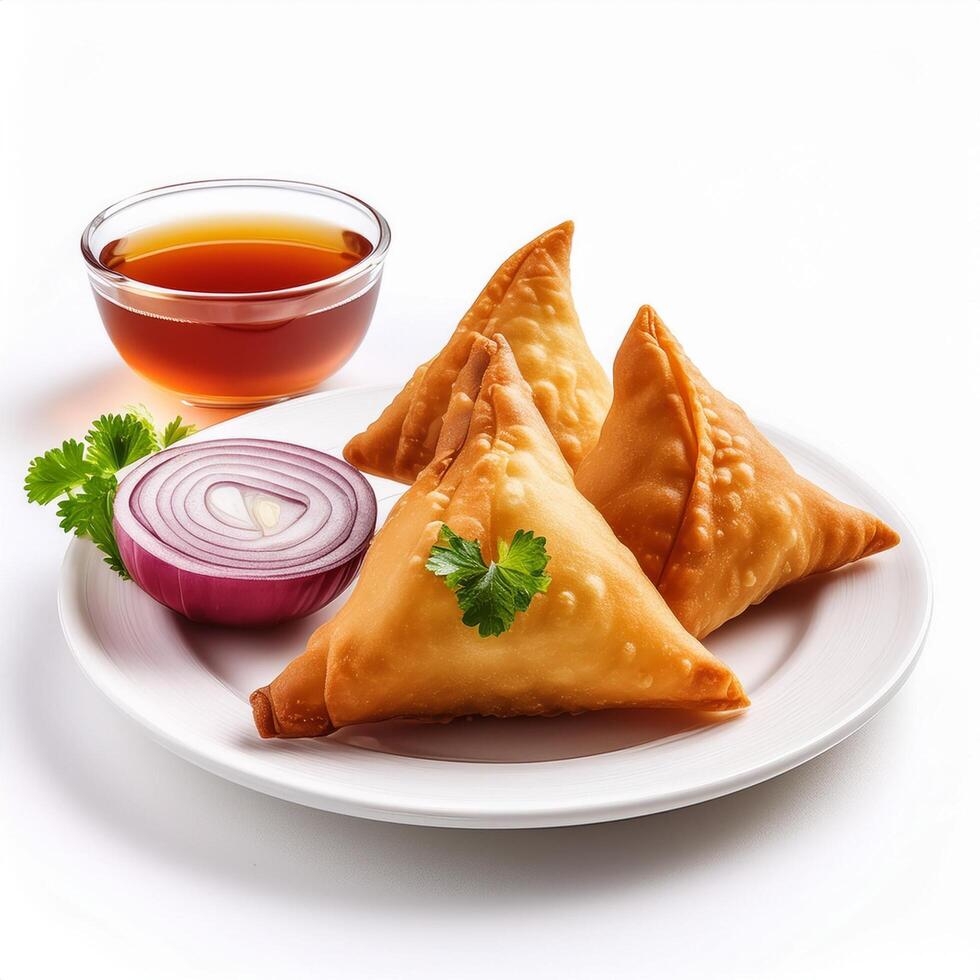 Delicious testy snacks samosa on the white plate chutney corinder leaf slice onion with side of tea isolated white background photo