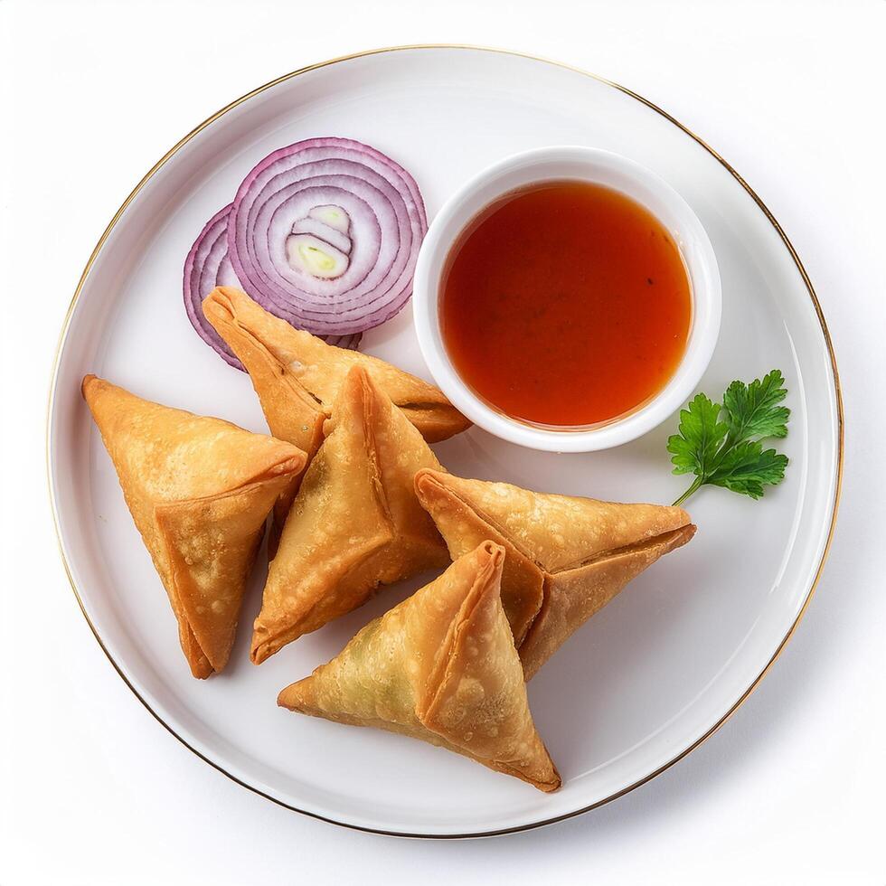 Delicious testy snacks samosa on the white plate chutney corinder leaf slice onion with side of tea isolated white background photo