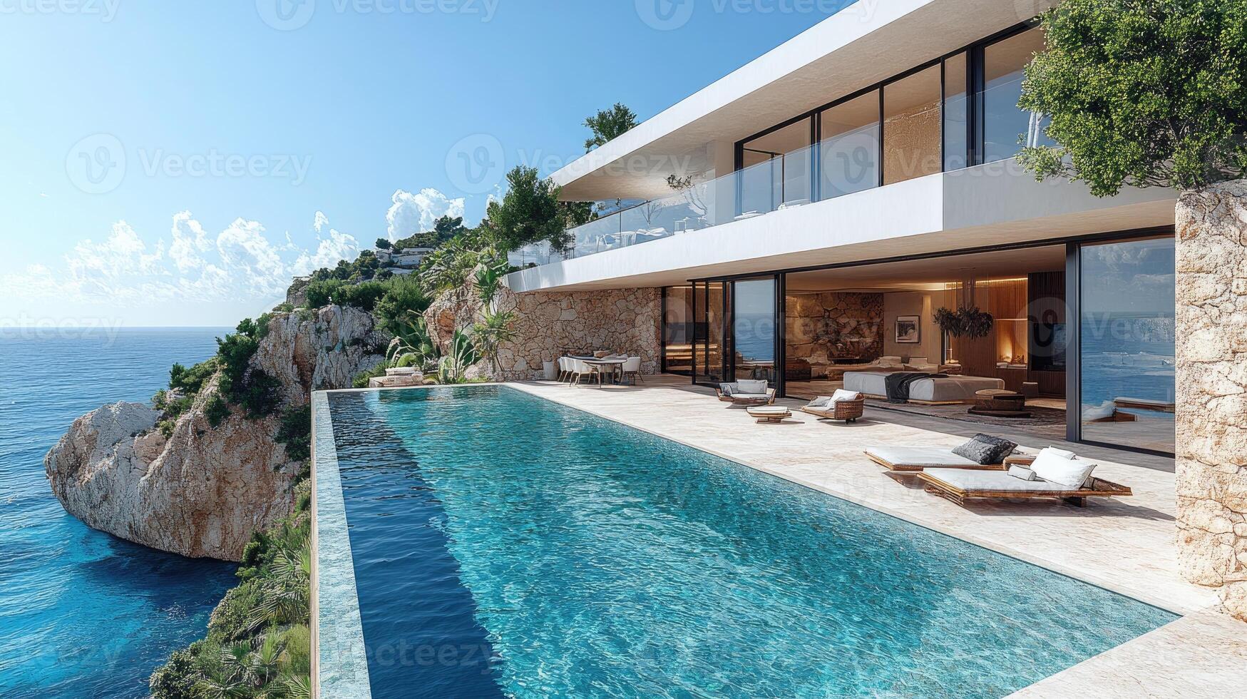 Luxury infinity pool overlooking the ocean at a modern villa photo