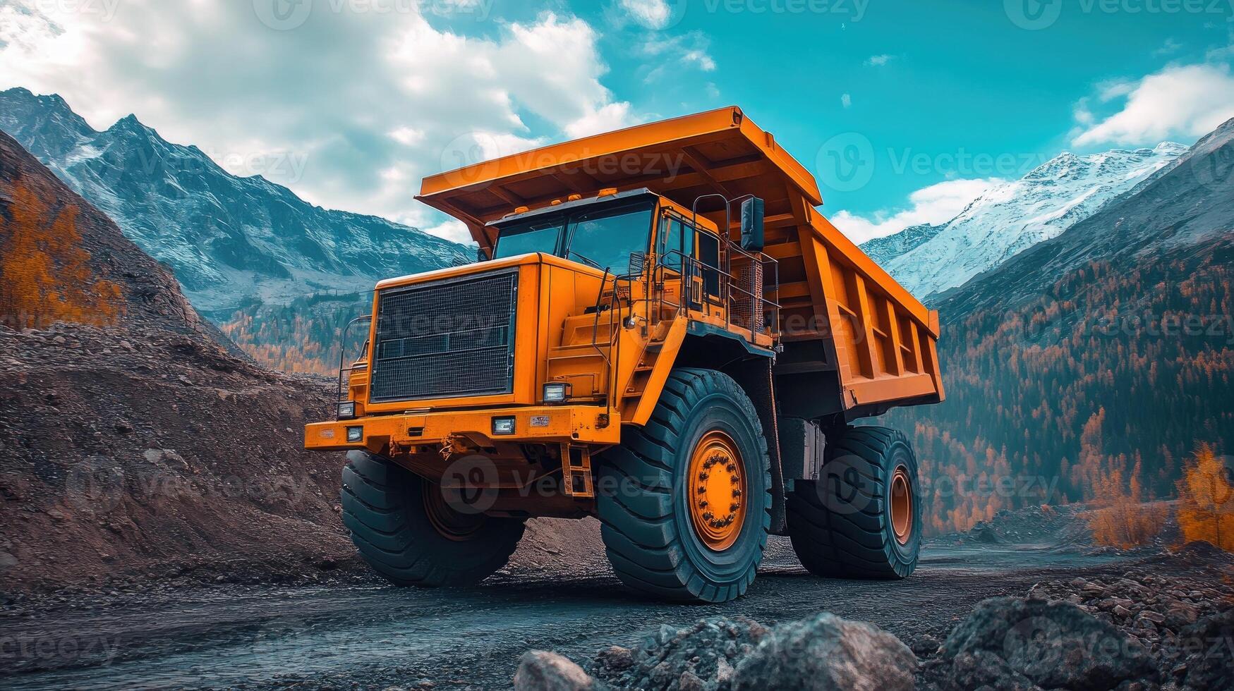 Big yellow mining dump truck moving on dusty road in open pit mine photo