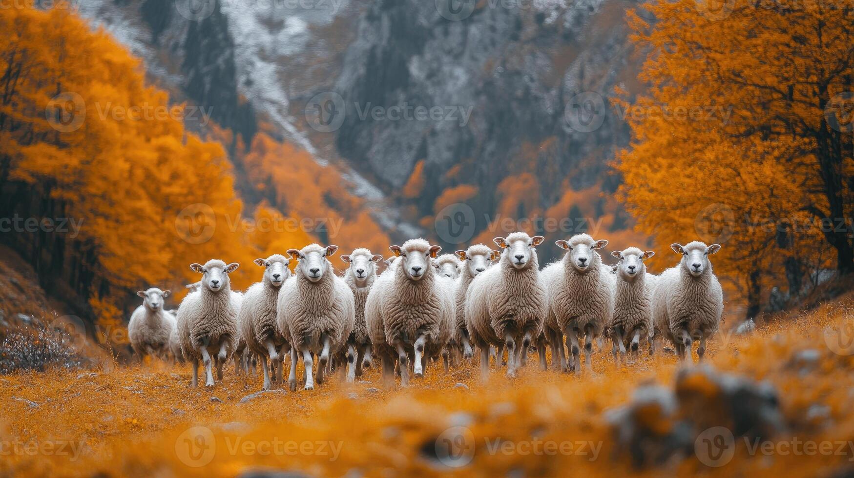 Flock of sheep standing in line on hillside with autumn foliage photo