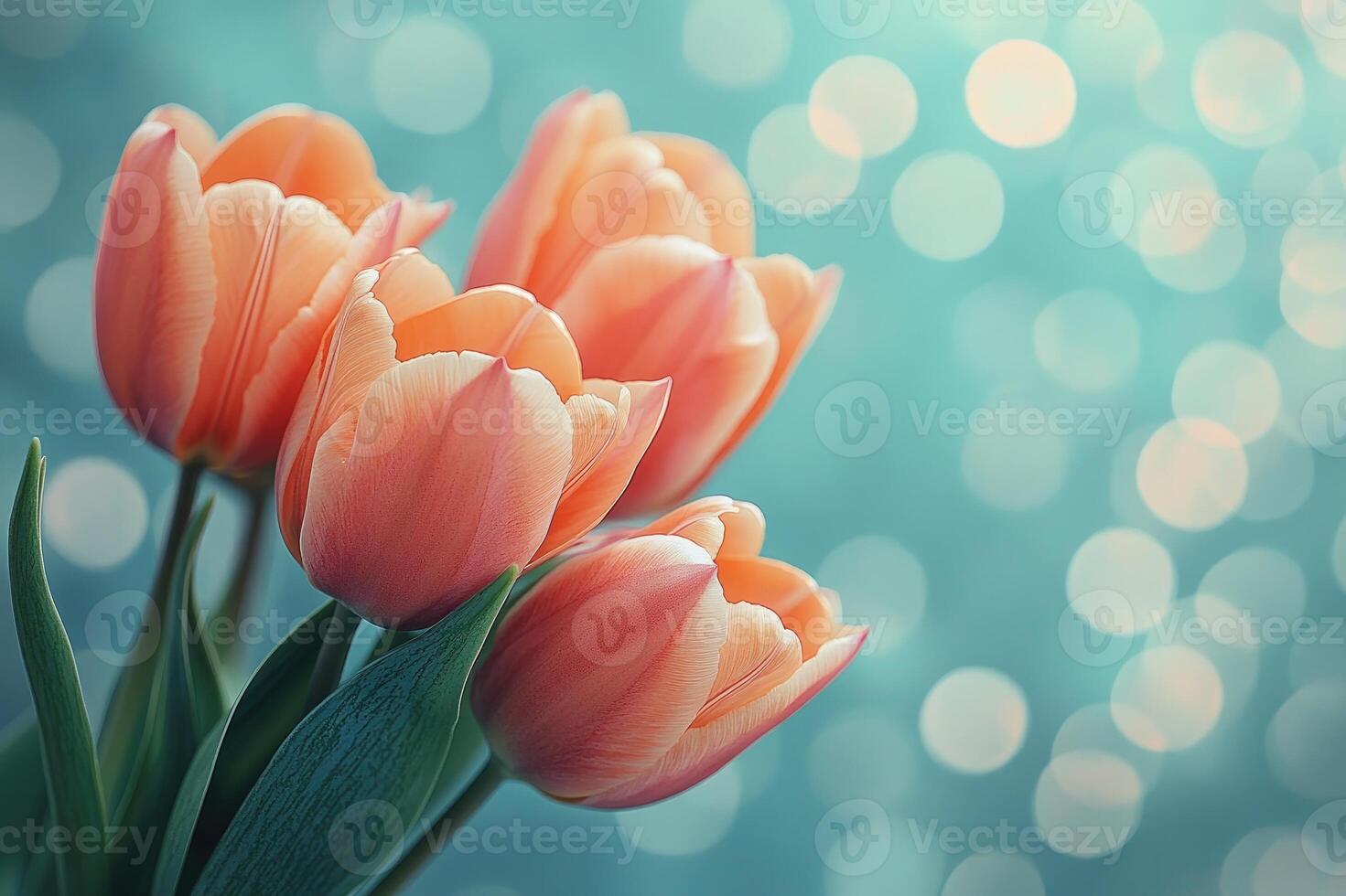 Bouquet of orange tulips blooming on a turquoise background with bokeh photo