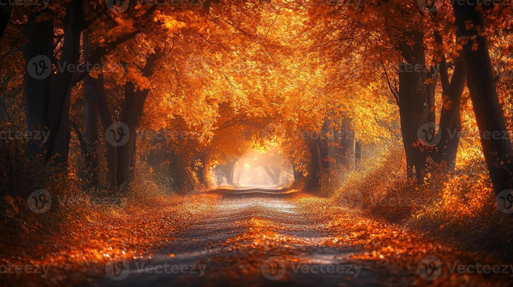 Sun shining through canopy of trees creating tunnel of autumn colors photo