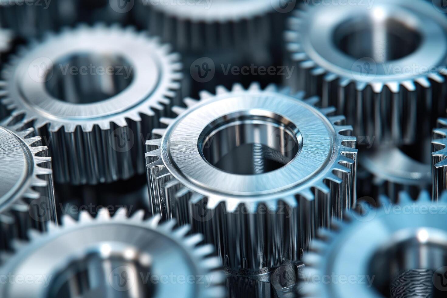 Close-up view of a group of shiny metallic cogwheels forming a mechanism photo