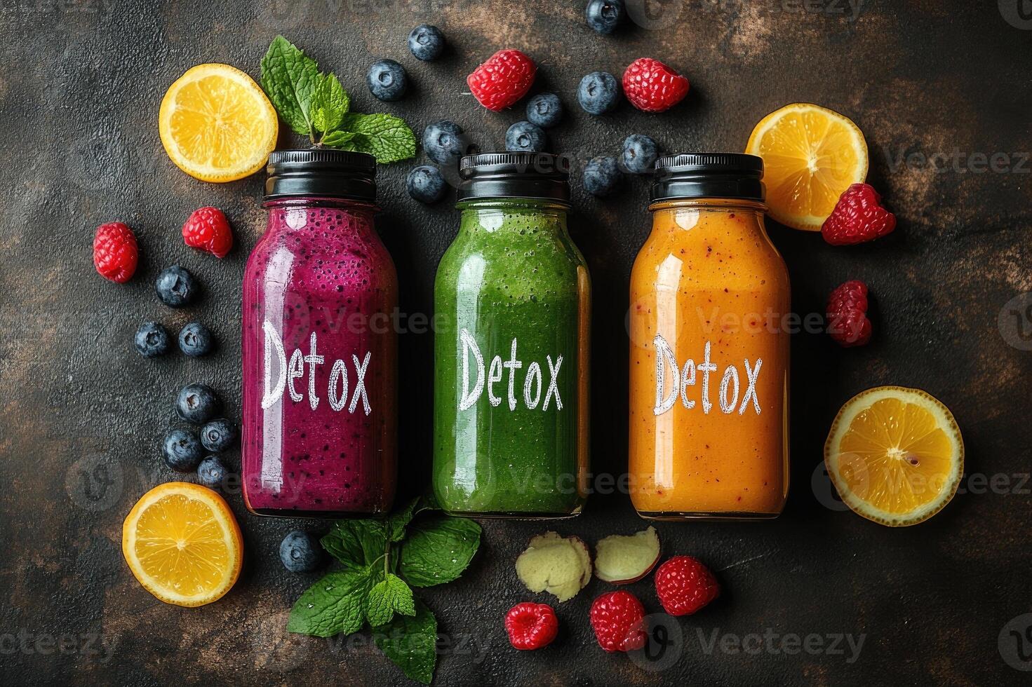 Bottles of colorful detox juices with fresh ingredients surrounding them photo
