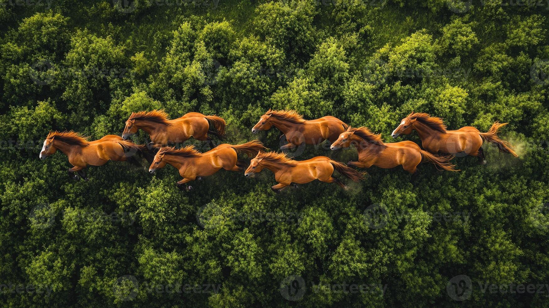Herd of horses running above green forest in summer photo