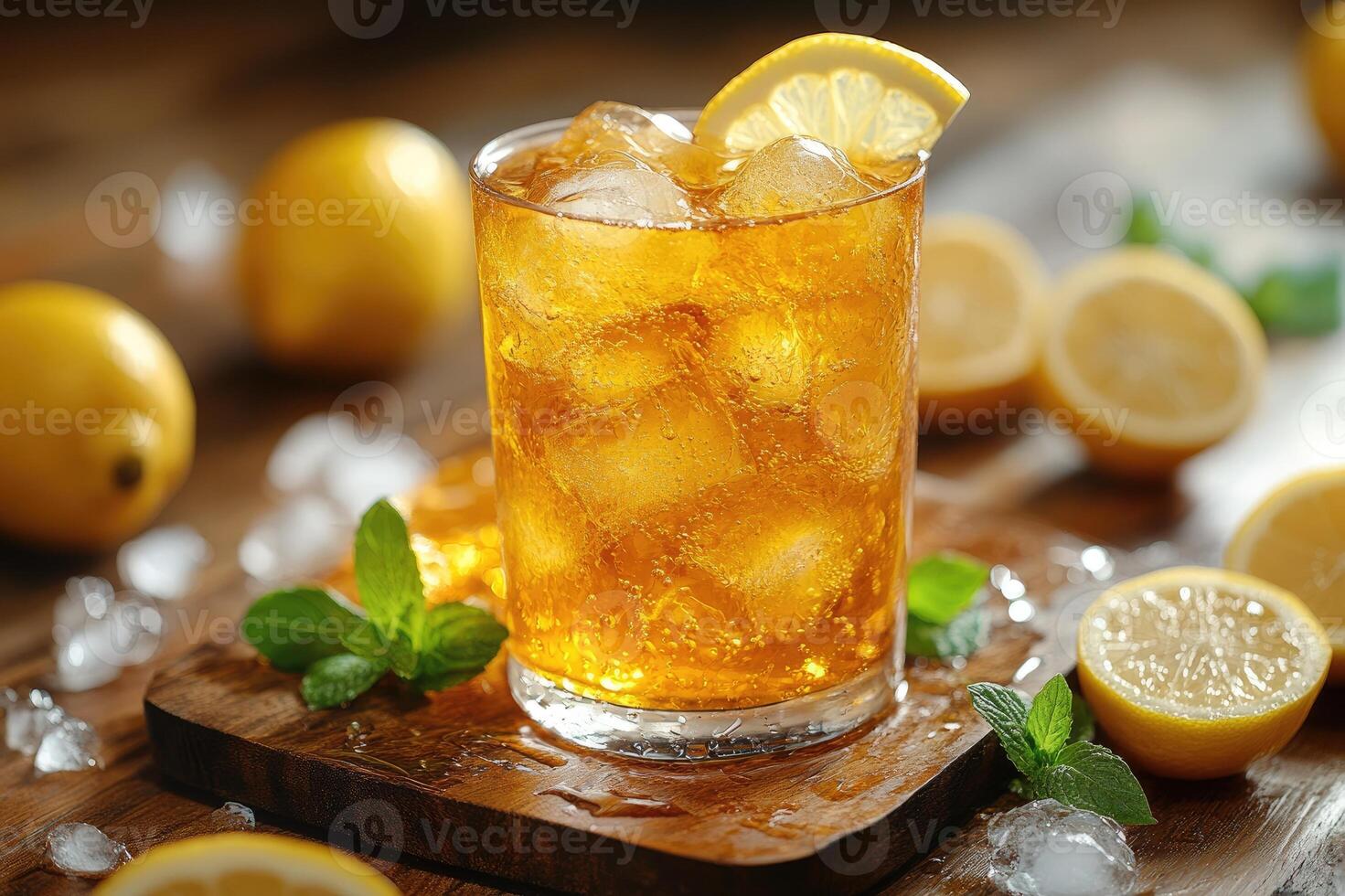 Glass of iced tea with lemon slice is refreshing on hot summer day photo