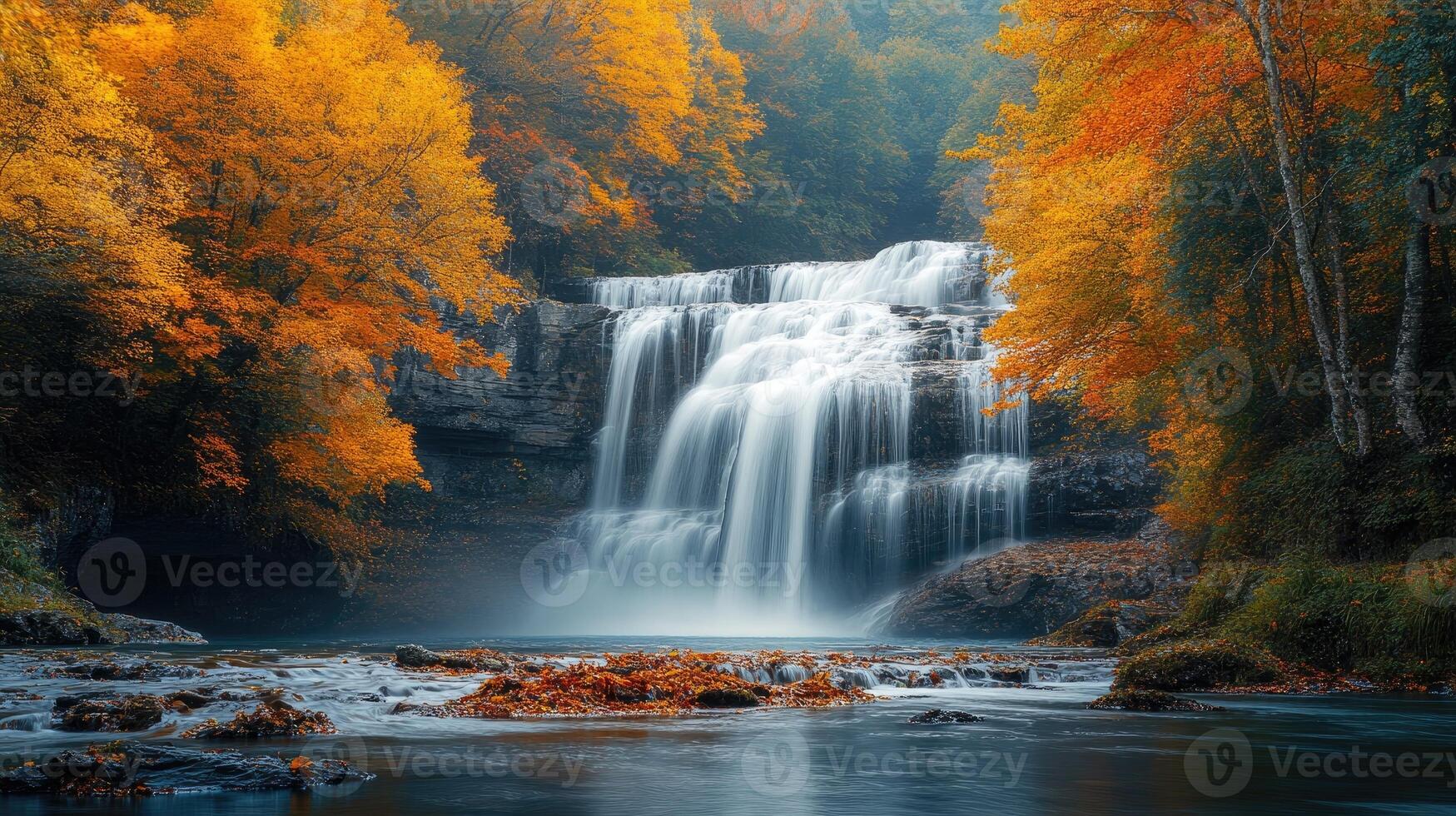 Waterfall flowing into river surrounded by autumn foliage photo