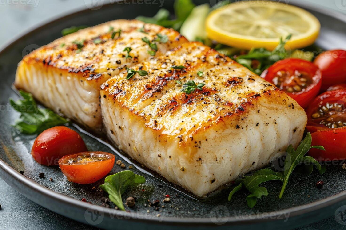 Delicious grilled fish with lemon and vegetables on a plate photo