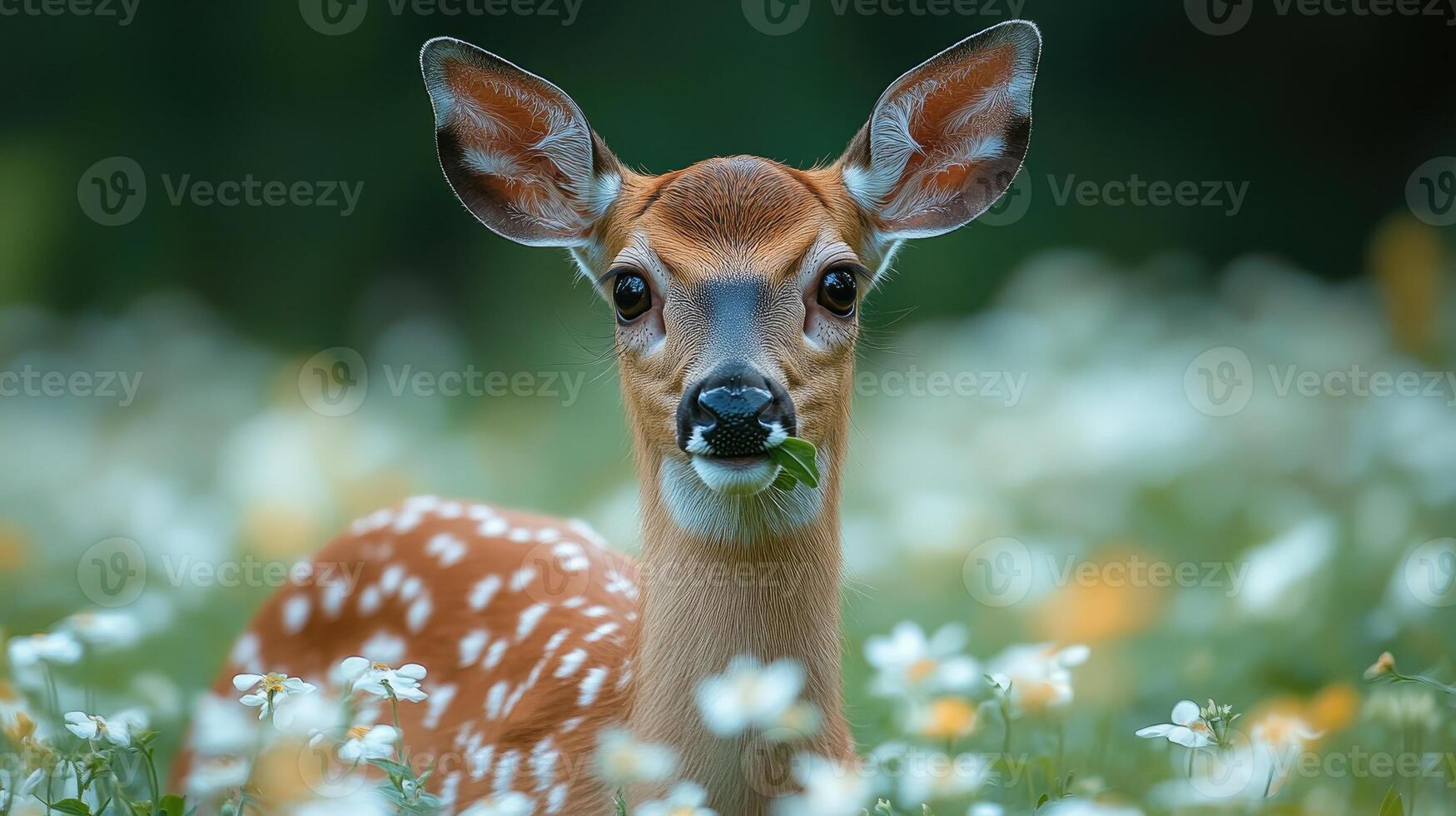 Young white-tailed deer fawn eating green leaf in a field of flowers photo