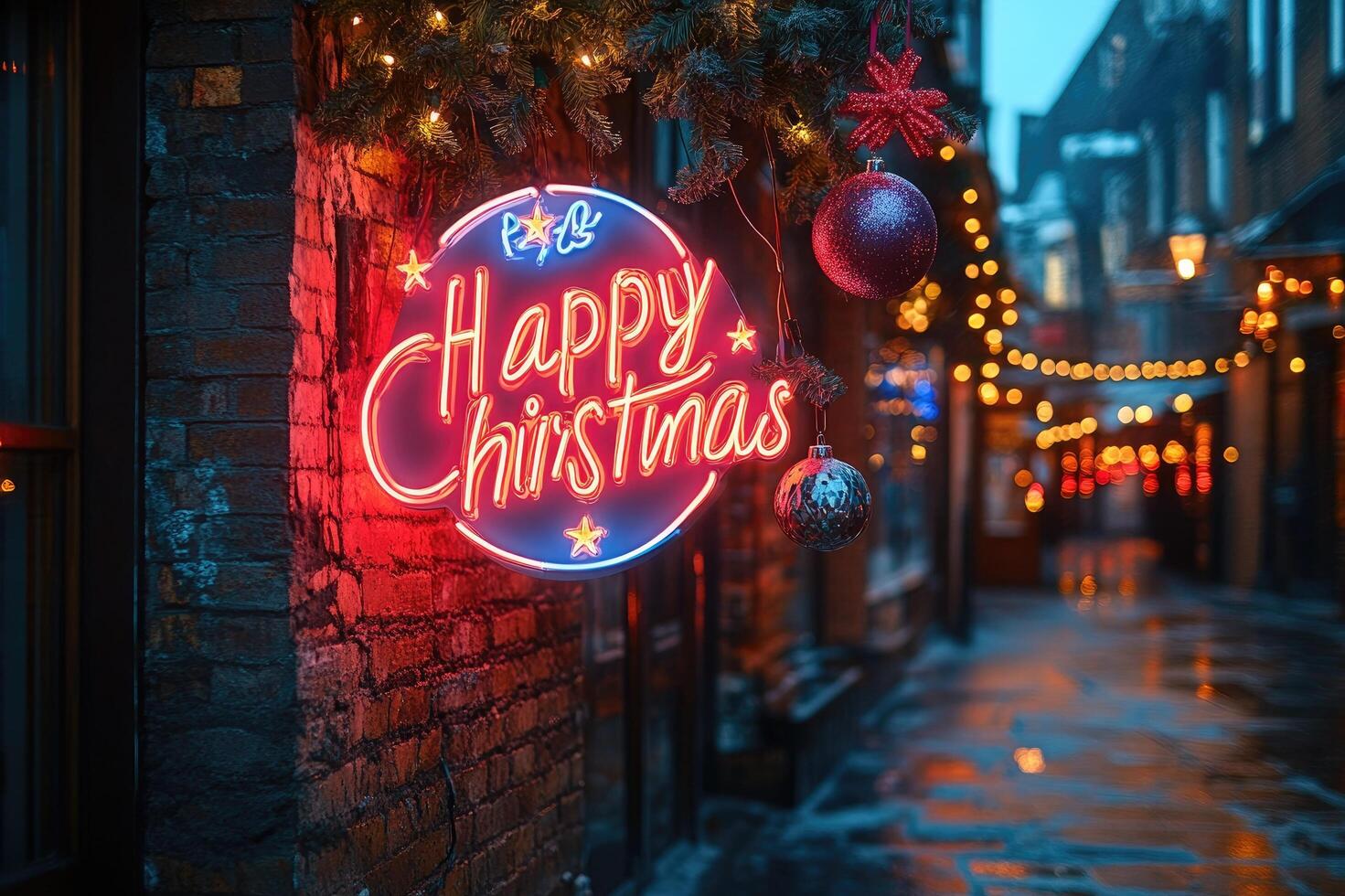 Neon sign wishing happy christmas illuminating alley at twilight photo