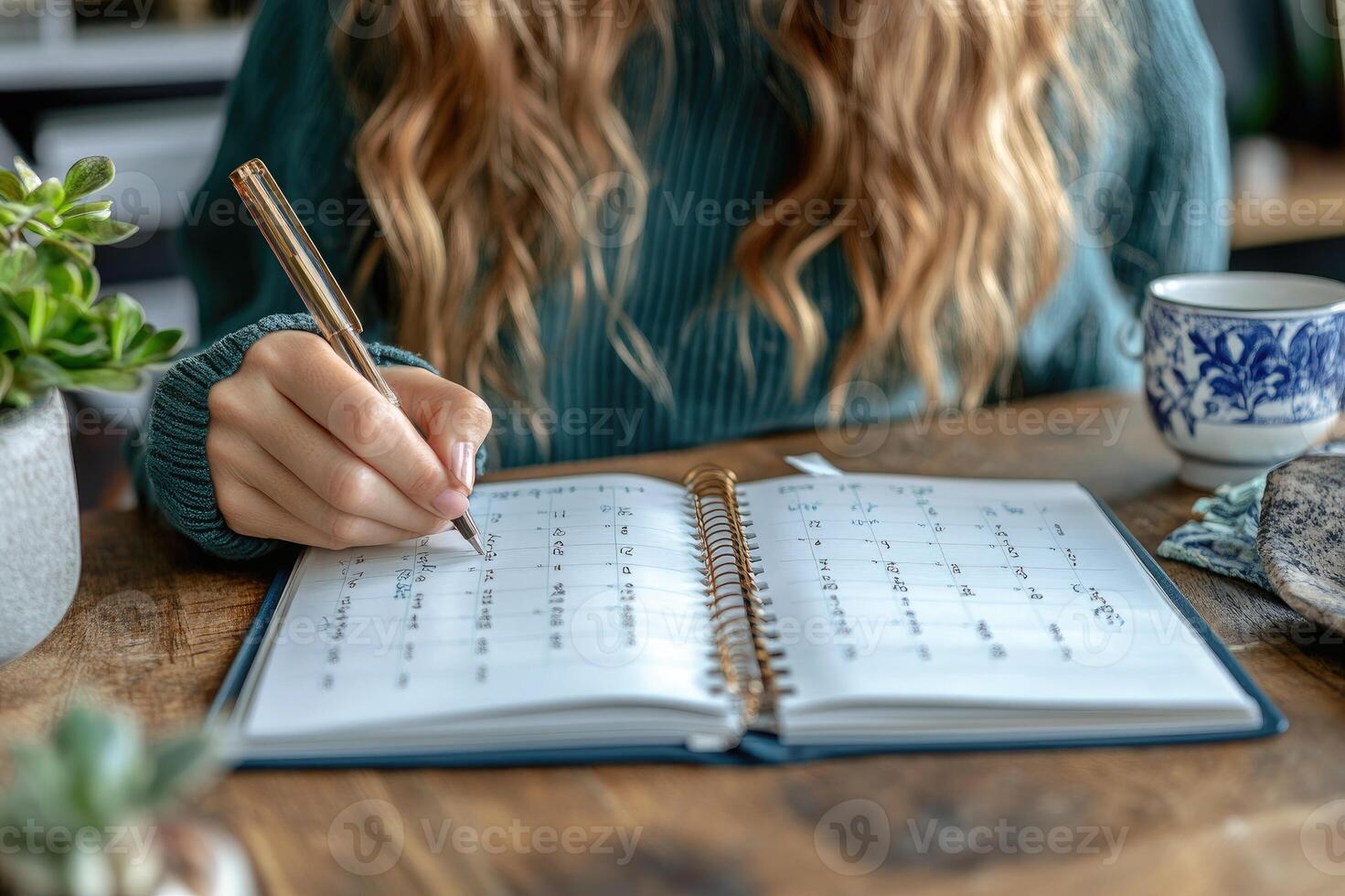 Woman planning schedule using elegant pen and personal organizer photo