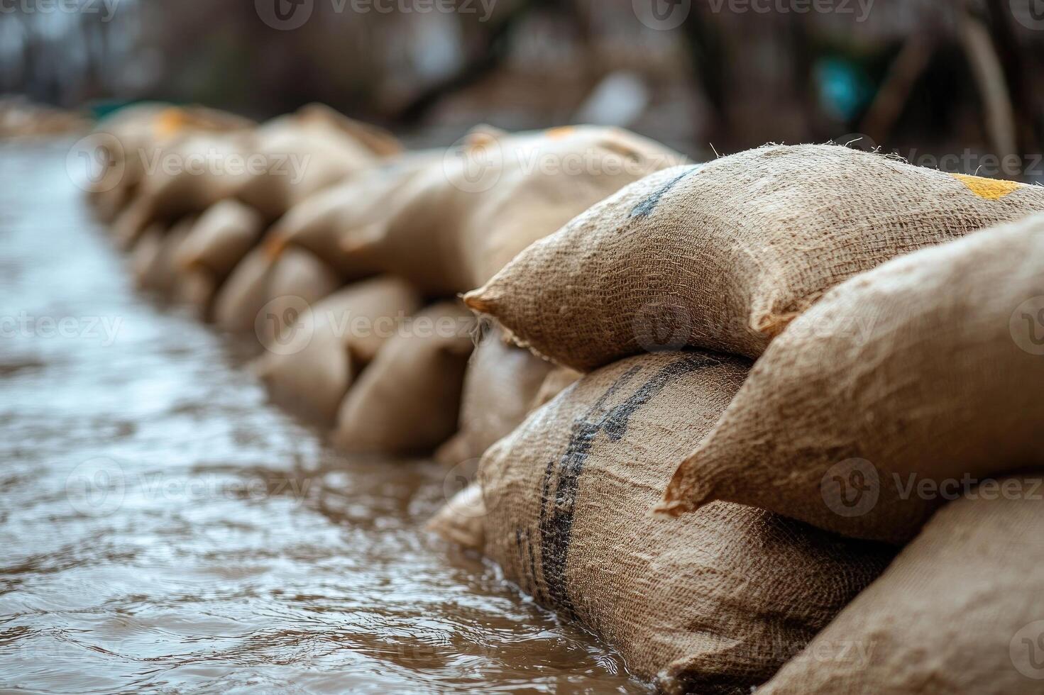 Wall of sandbags protecting from flood damage photo