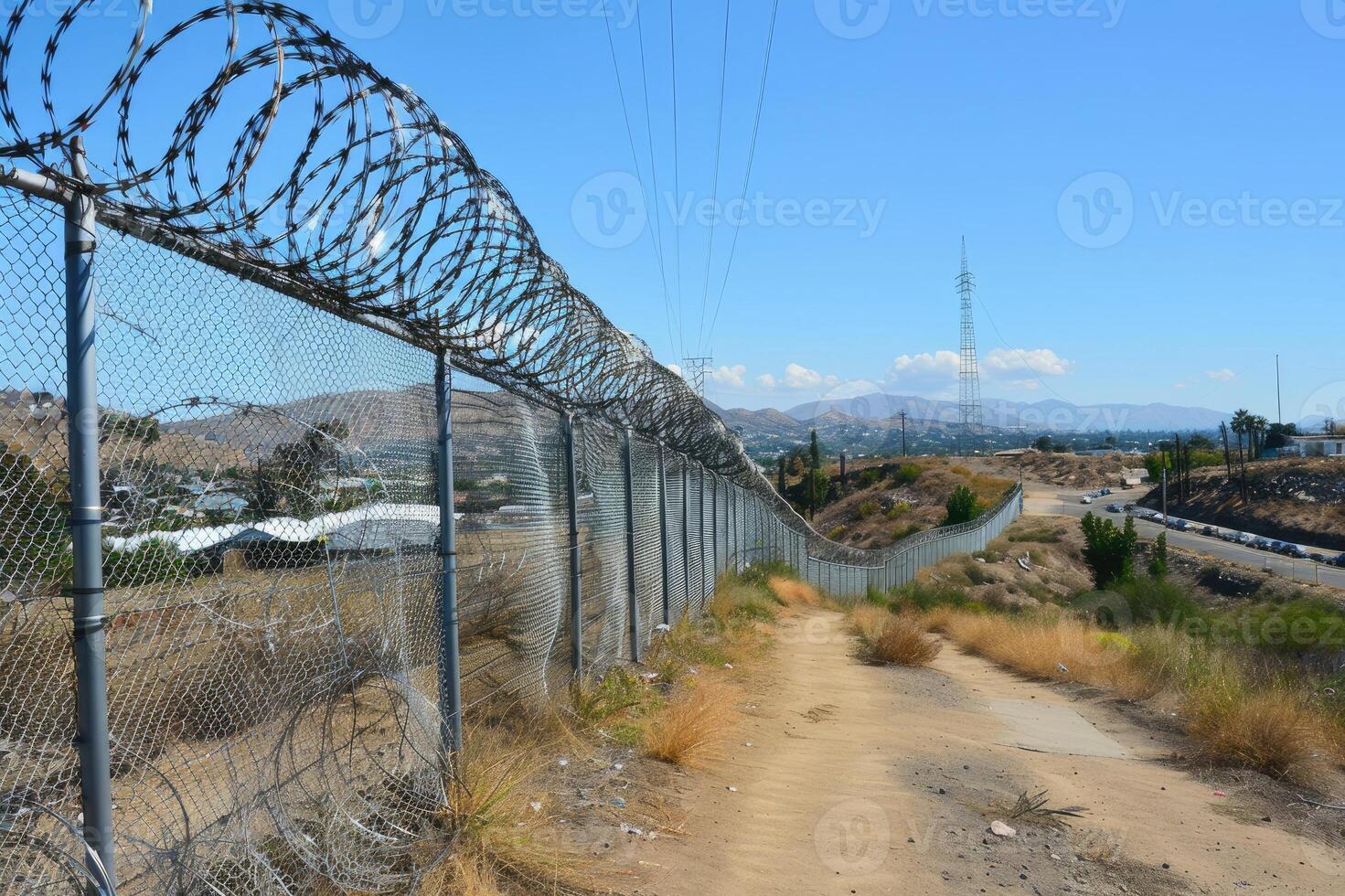 Barbed wire fence protecting the perimeter of a secure area photo