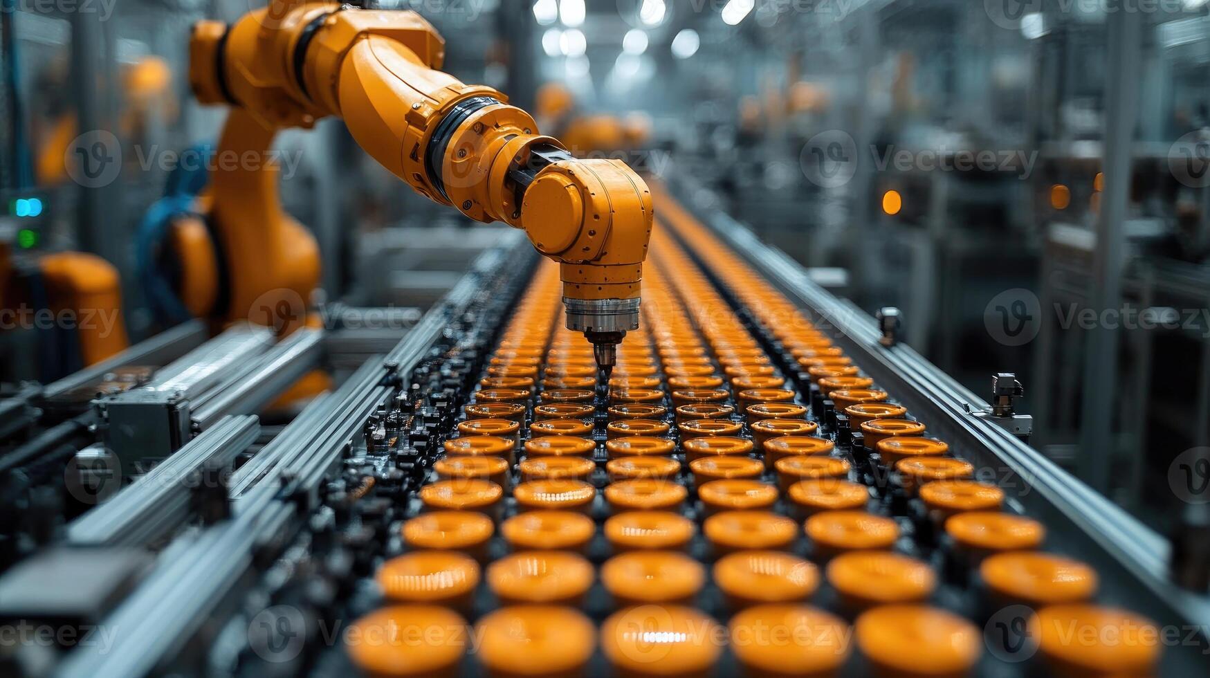 Industrial robot arm working on conveyor belt in factory photo