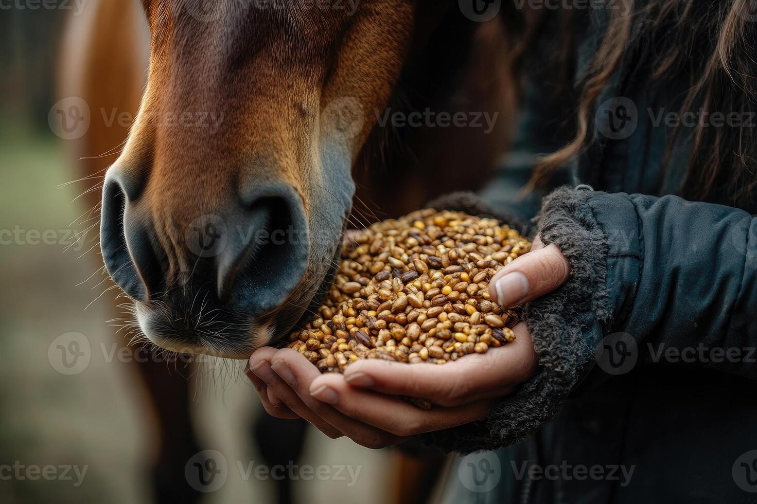 Horse eating cereals from hands of female farmer photo
