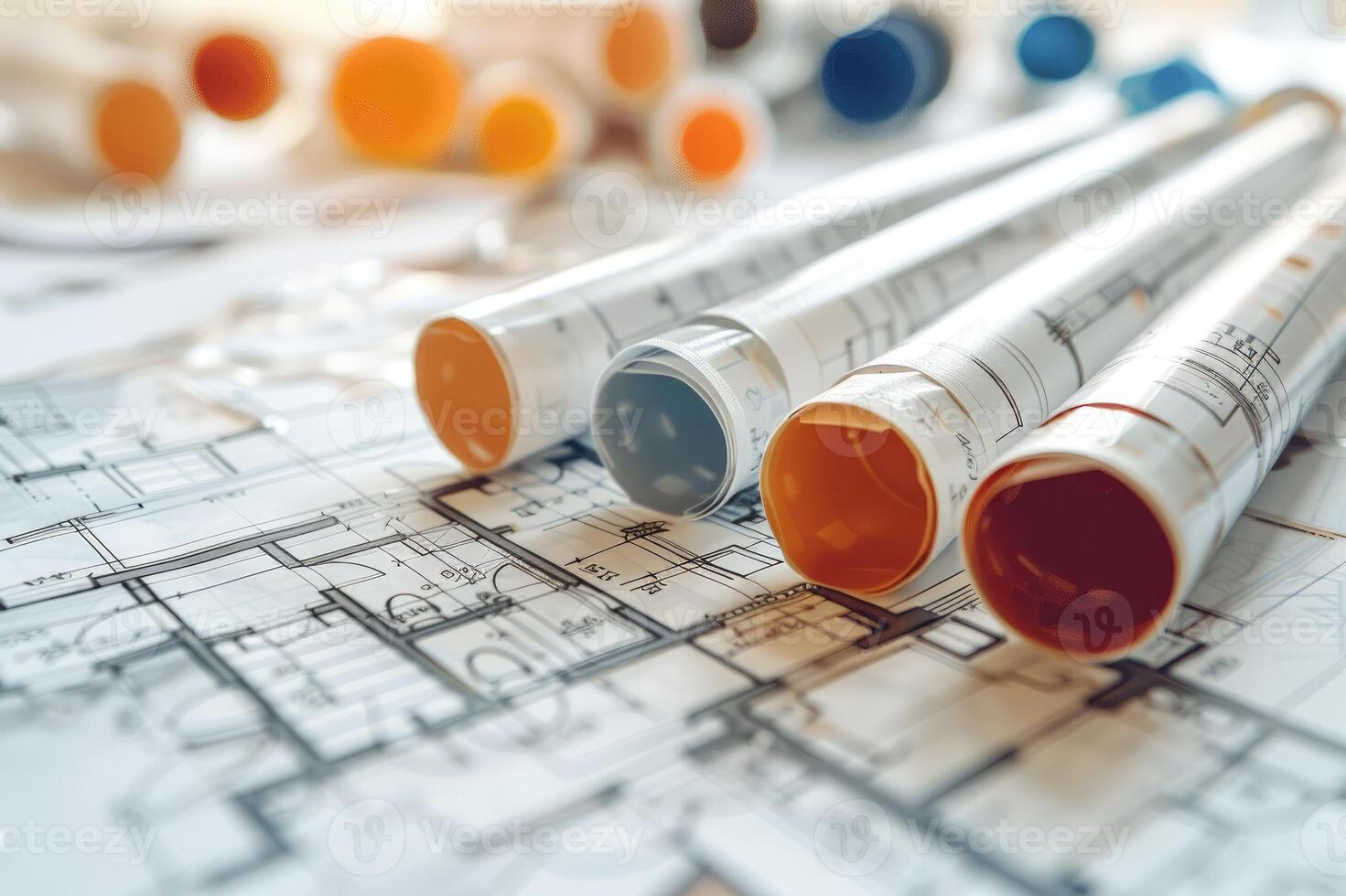 Architect reviewing blueprints and plans for building construction project photo