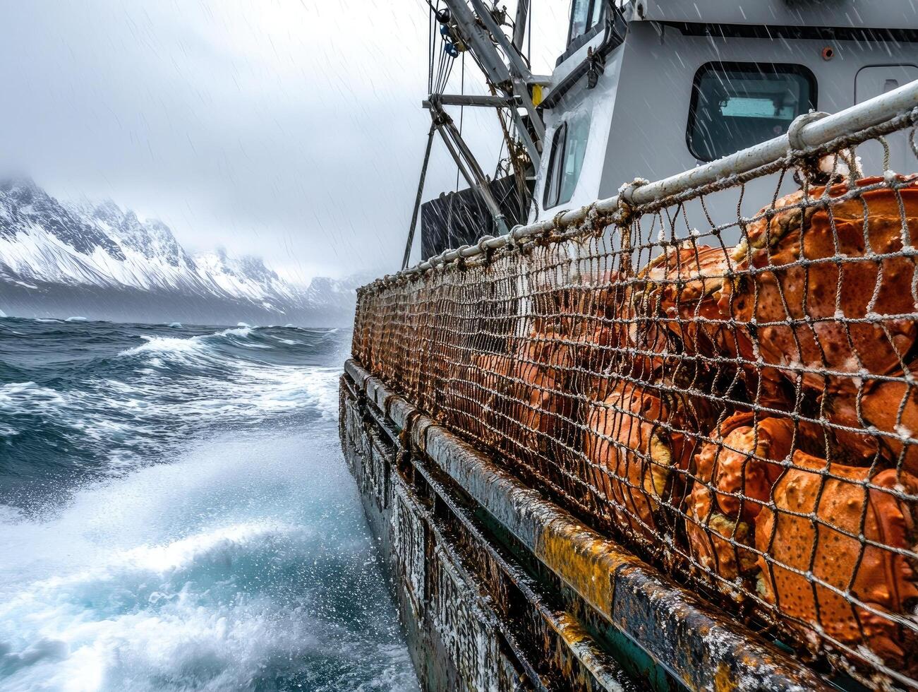 Fishing boat sailing on stormy sea carrying catch of the day in nets photo