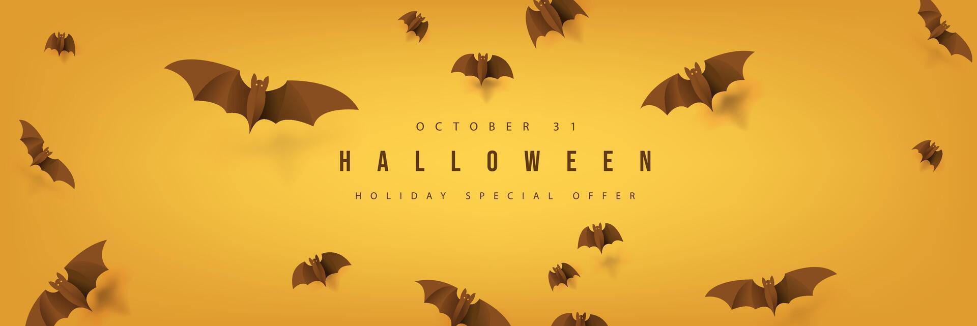 Happy Halloween banner template with flock of bats flying on orange background vector