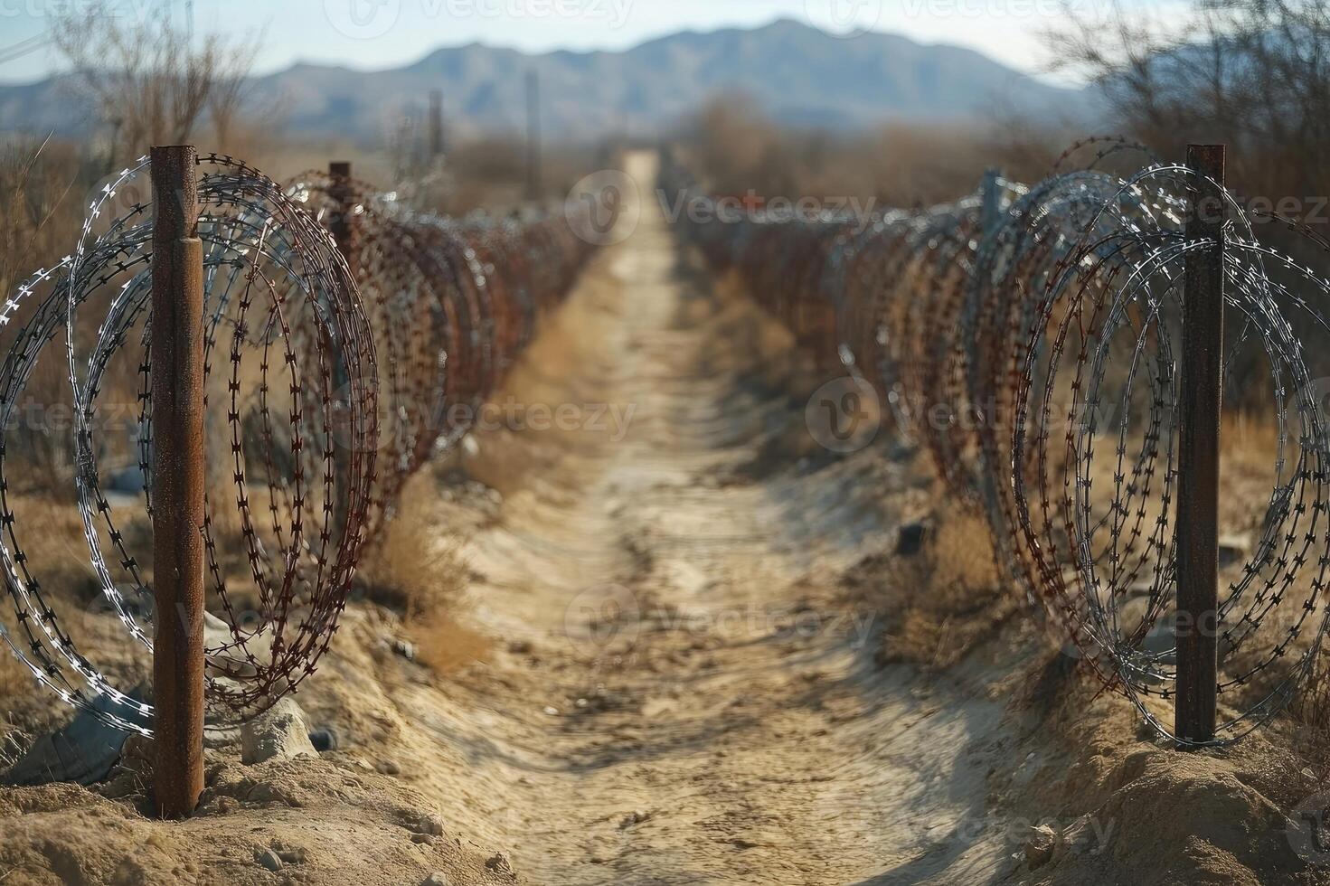 Barbed wire fence protecting the perimeter of a secure area photo