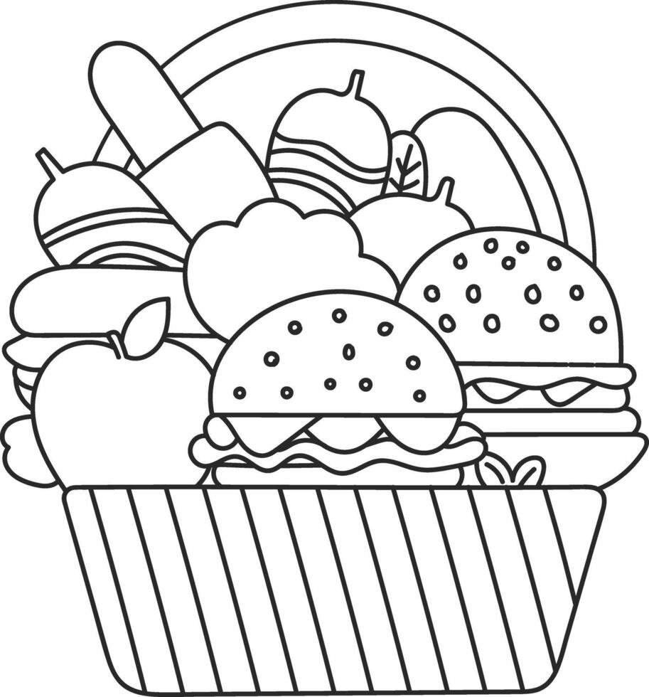 Outline Illustration of a Food Basket Filled with Burgers, Fruits, and Snacks vector