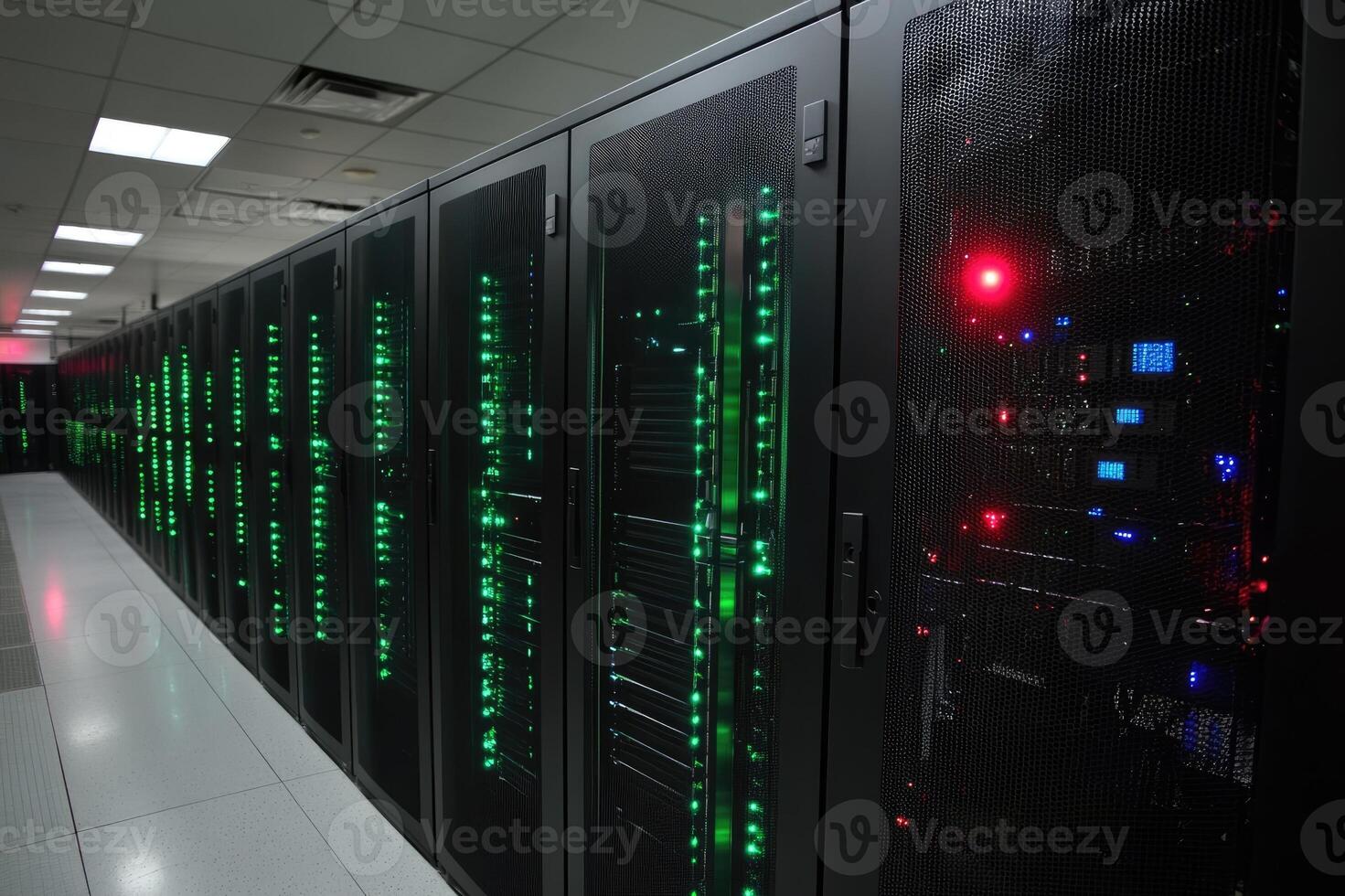 Modern supercomputer running calculations with glowing red lights photo