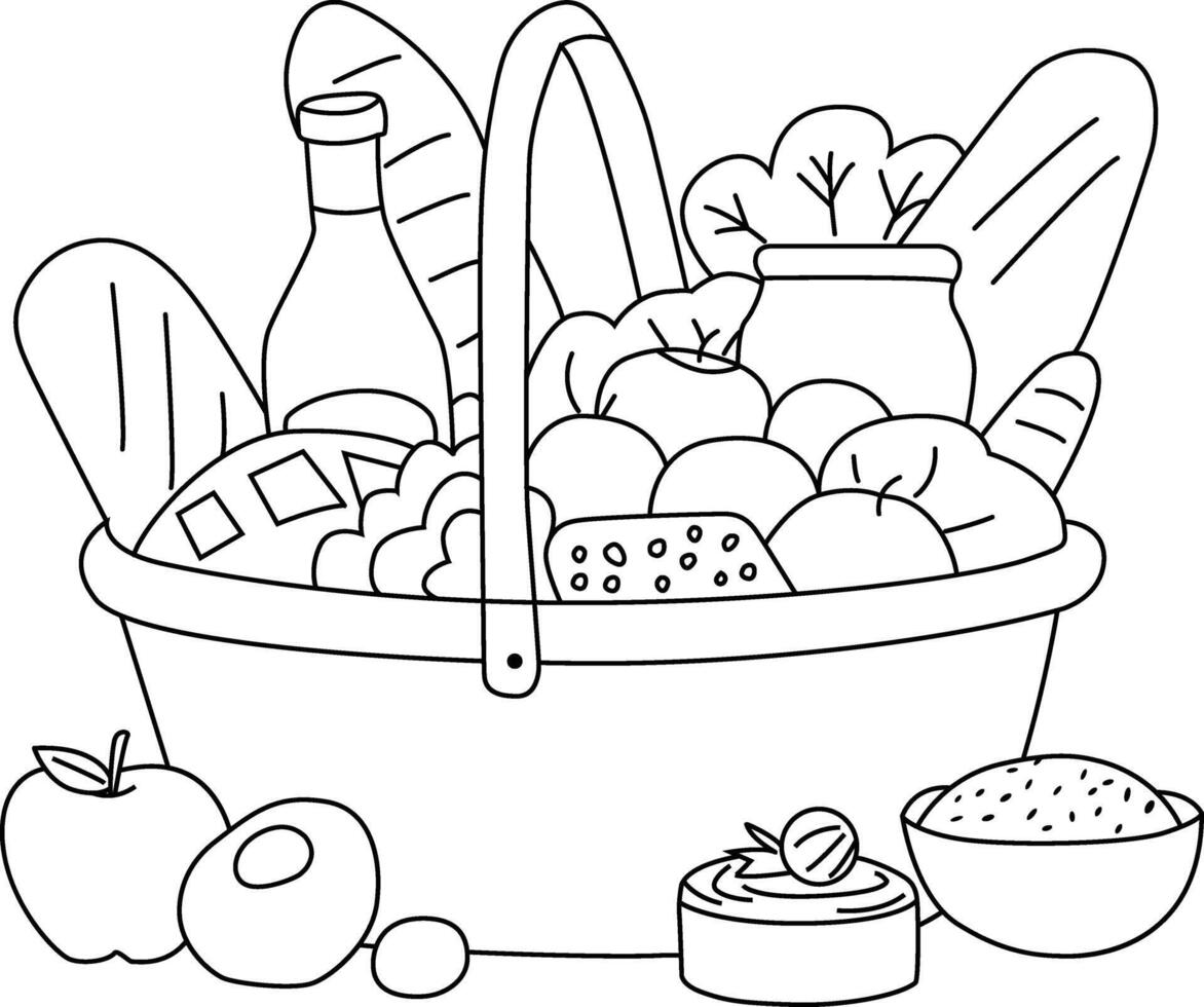 Line Art of a Picnic Basket Filled with Food and Drinks vector