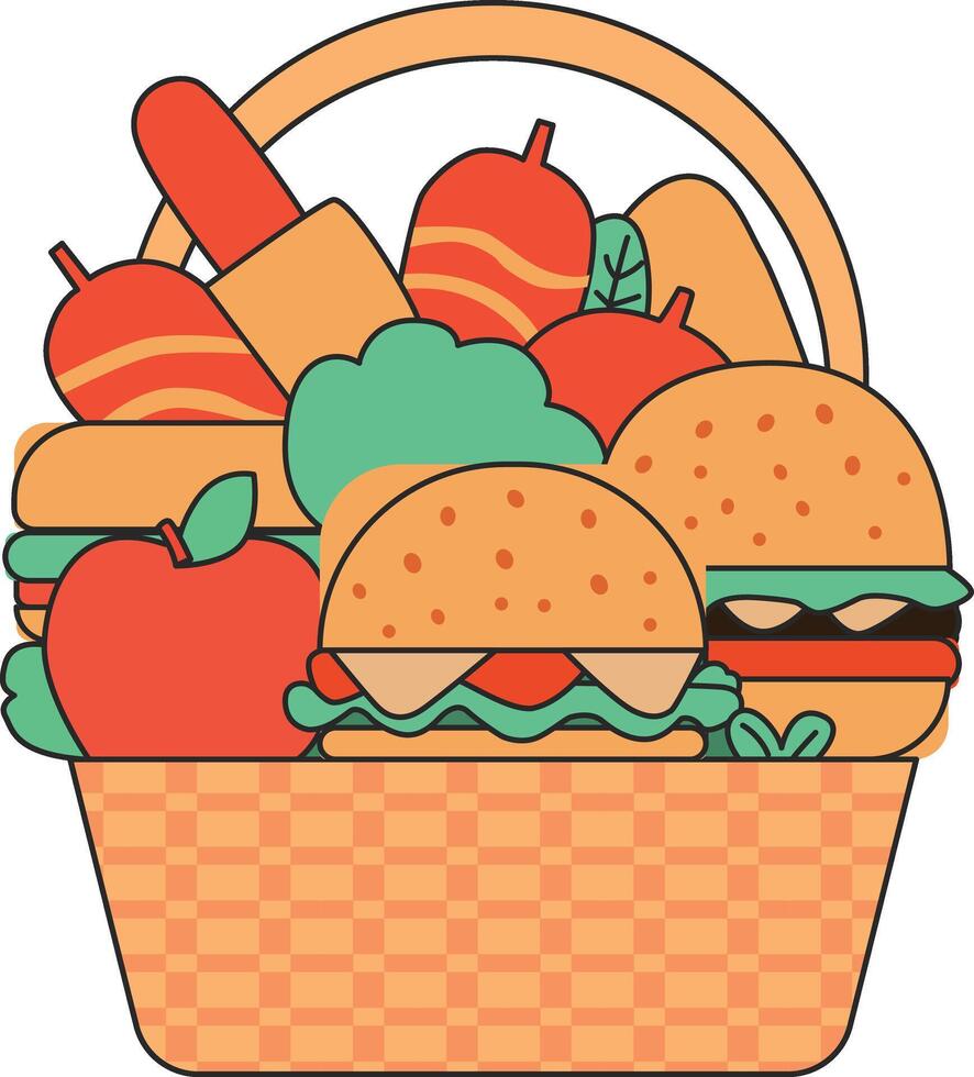Colorful Picnic Basket Filled with Burgers Apples and Ice Cream vector