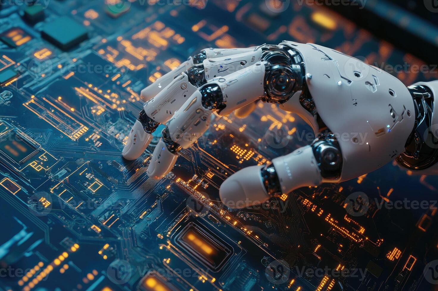 Robot hand working on motherboard analyzing data in futuristic environment photo