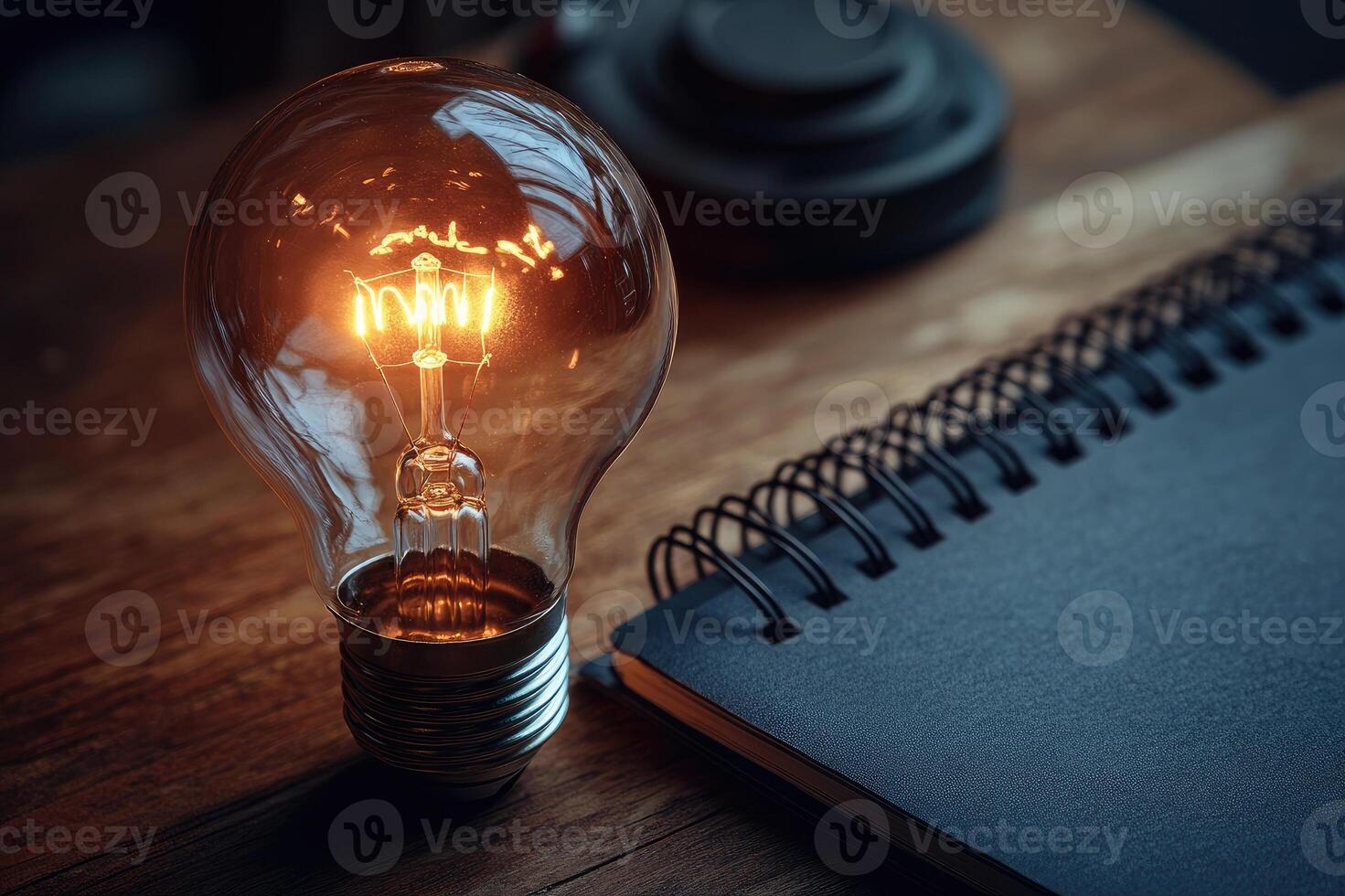 Glowing lightbulb floating over a notebook suggesting new ideas photo
