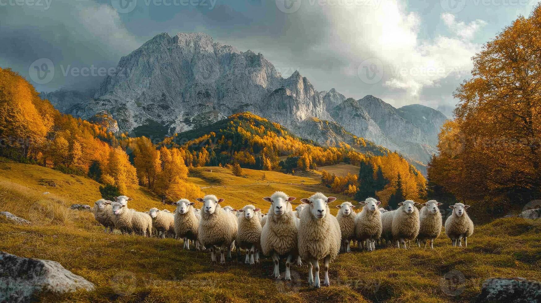 Flock of sheep standing in line on hillside with autumn foliage photo