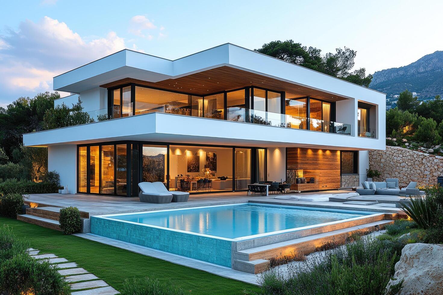 Luxurious modern home overlooking tranquil water feature and lush green garden photo