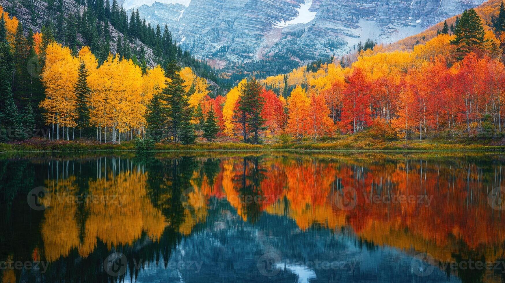 Calm lake reflecting colorful autumn foliage and snowy mountains photo