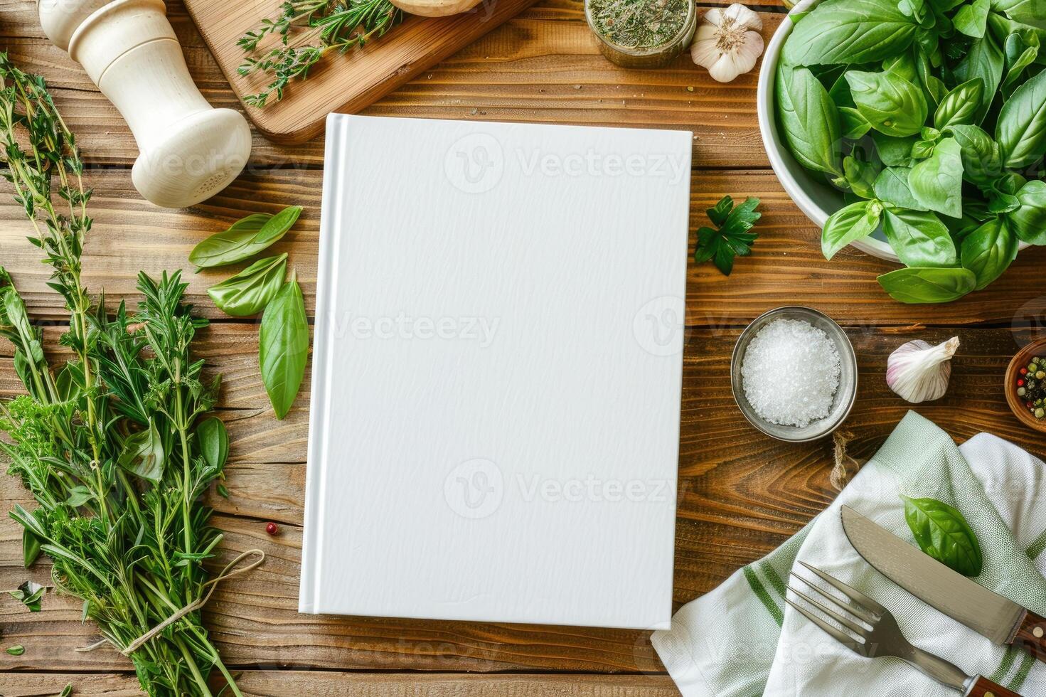 Blank white book cover mock-up on an Italian kitchen table surrounded by fresh herbs and Italian ingredients photo