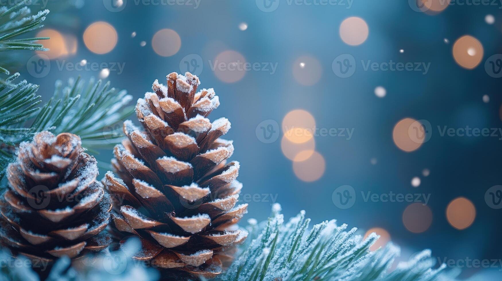 Pine cones covered with snow resting on pine tree branch photo
