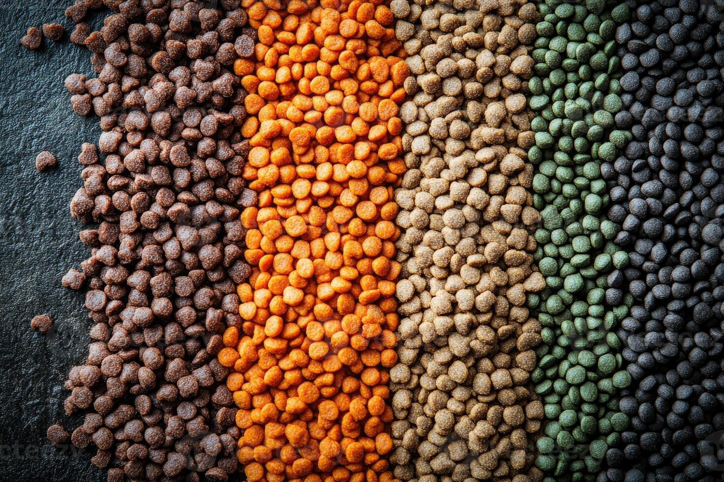 Dry pet food forming a colorful background of healthy nutrition for cats and dogs photo