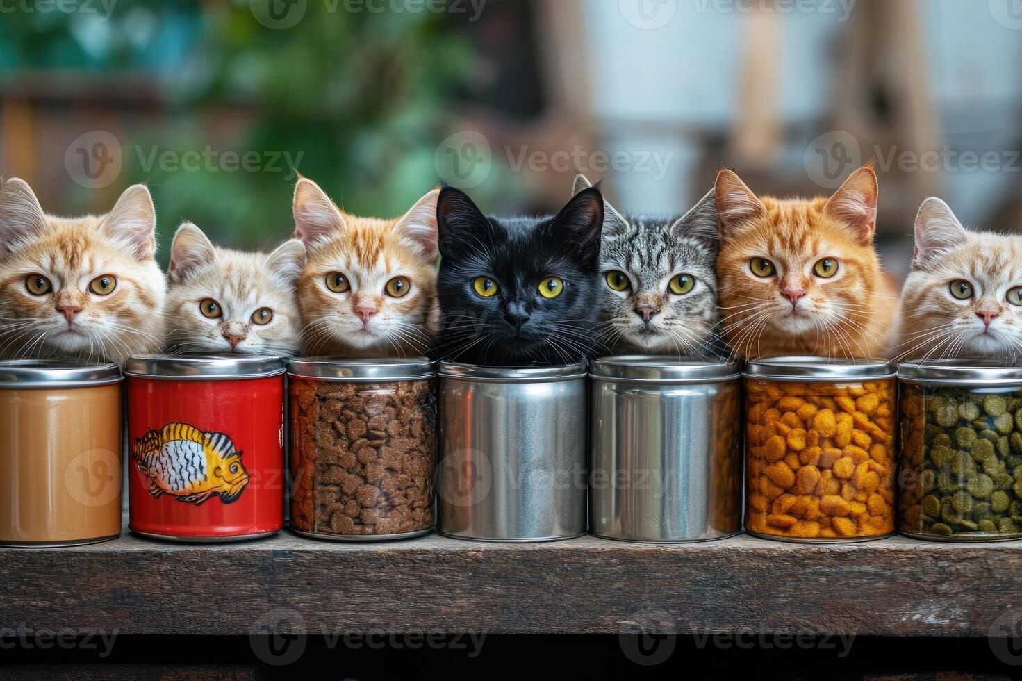 Eight cats looking over cat food cans on wooden shelf photo