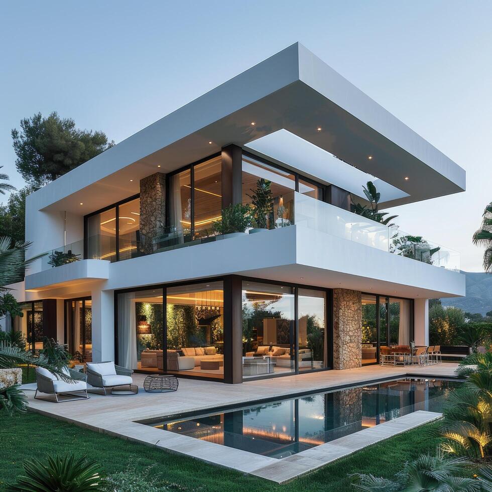 Modern white cube house with swimming pool illuminating at dusk photo
