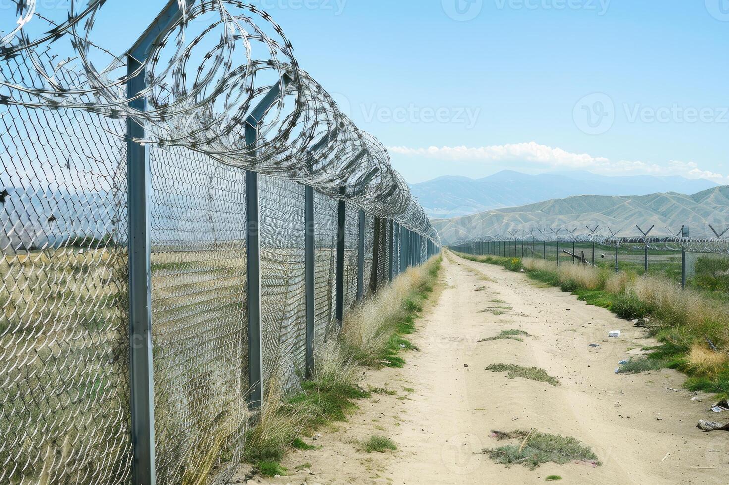 Barbed wire fence protecting the perimeter of a secure area photo