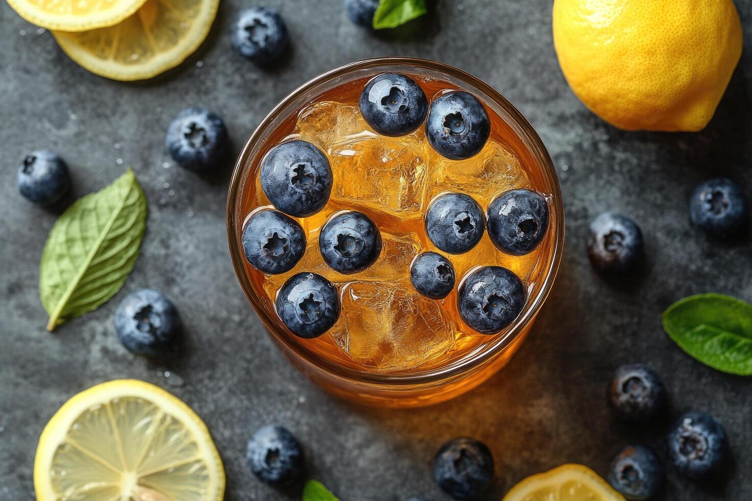 Refreshing iced tea with lemon and blueberries on dark stone background photo