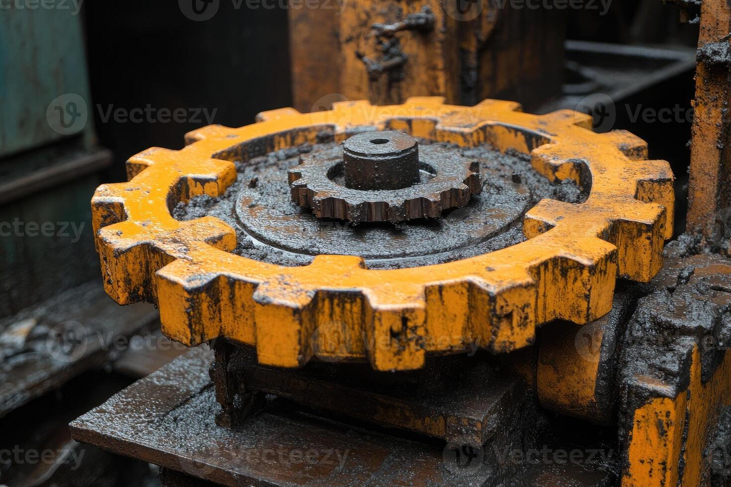 Large yellow gear operating in industrial factory setting photo