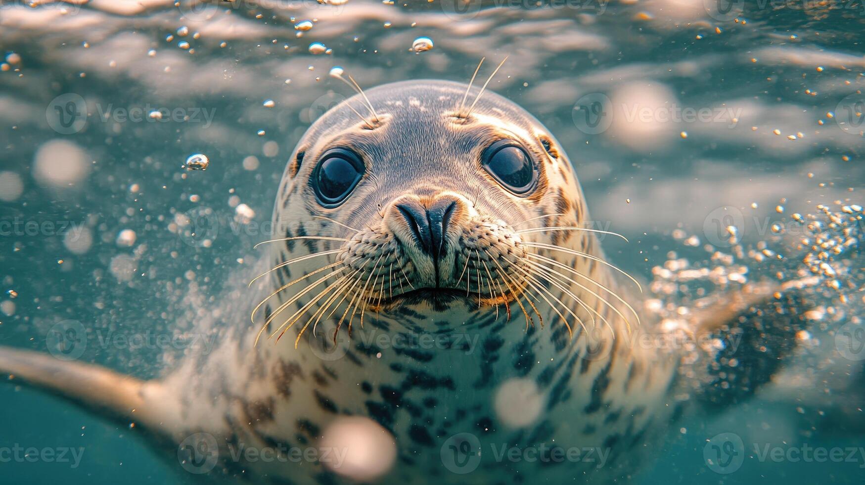Young harbor seal swimming underwater in blue ocean water photo
